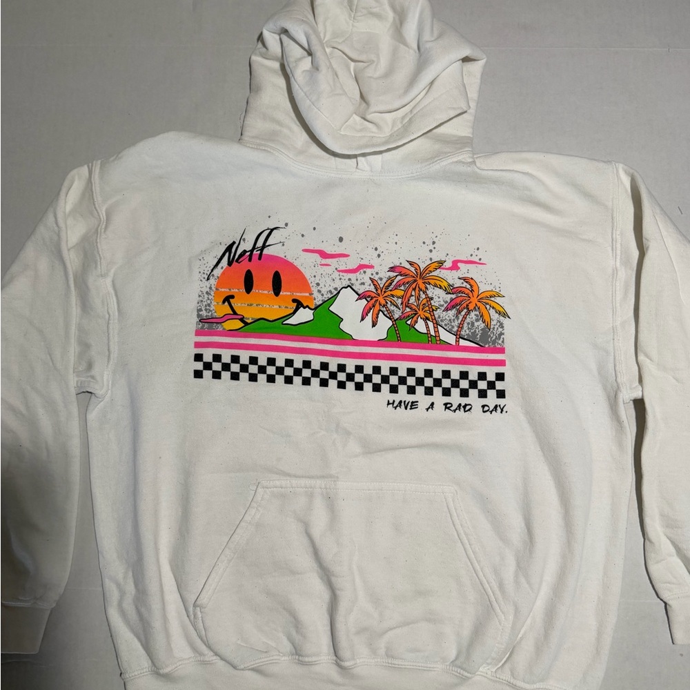 NEFF White Hooded Pullover‎ Sweatshirt, 'Rad Day' Men's Large #644